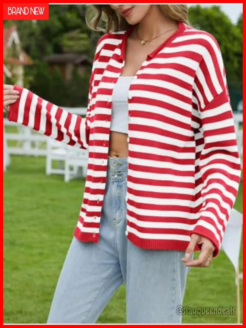 Striped Knit Cardigan Open Front Lightweight Long Sleeve Button Down Sweater